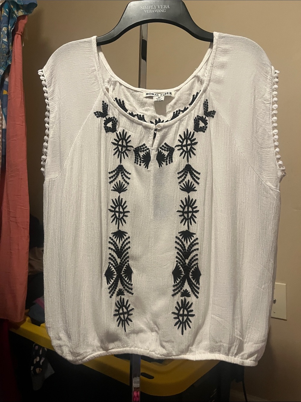 Moral Fiber White Sleeveless Tunic with Black Embroidery